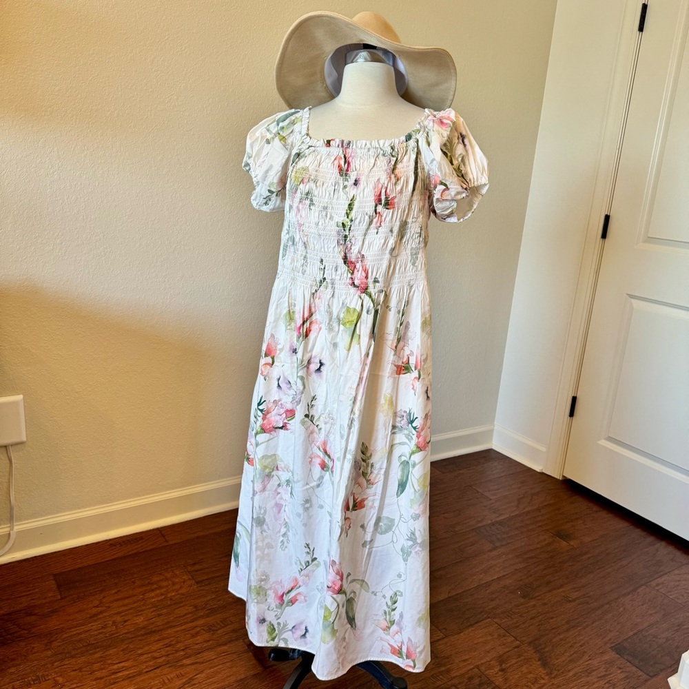 H&M White Floral Midi Dress with Pink & Green Print